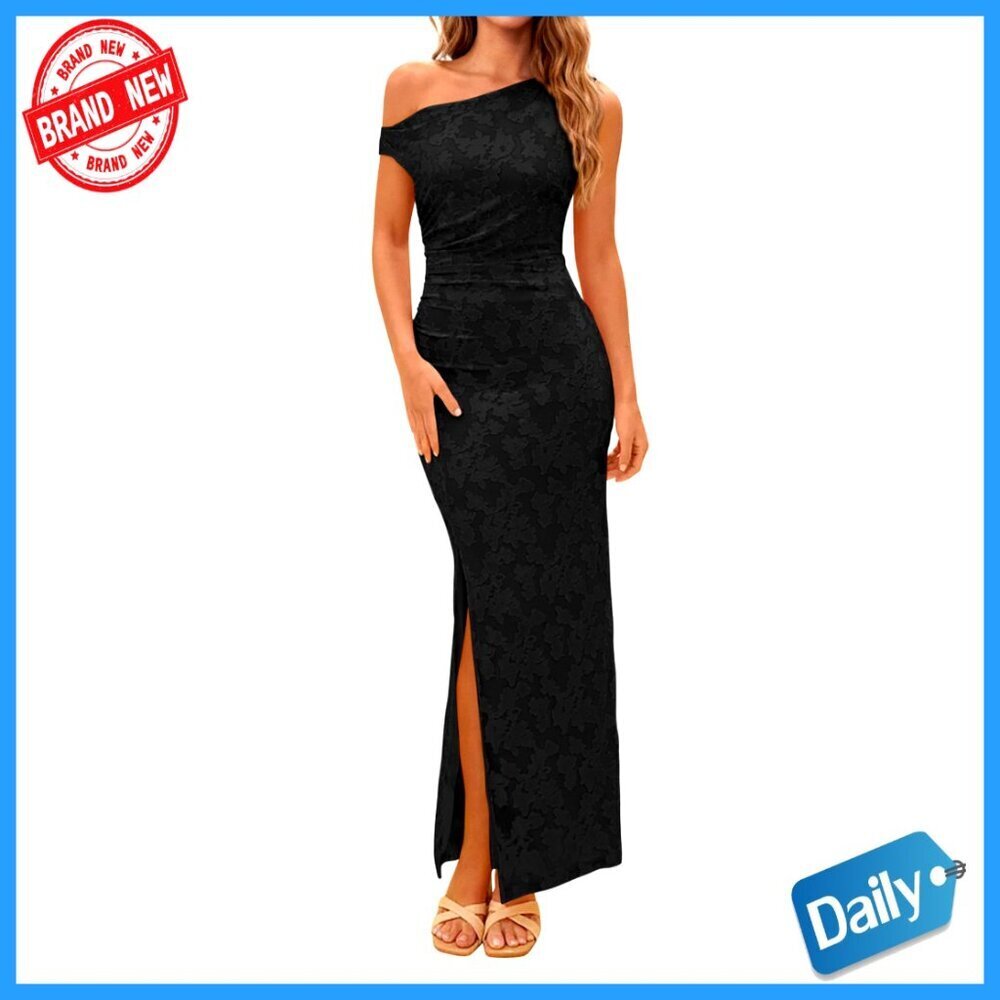 Floral One Shoulder Maxi Dress Bodycon Ruched Side Slit Elegant Cocktail Party